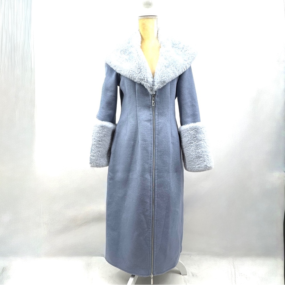 House of Harlow 1960 Ice Blue Faux Fur Wool Blend Winter Designer Coat - Picture 2 of 13